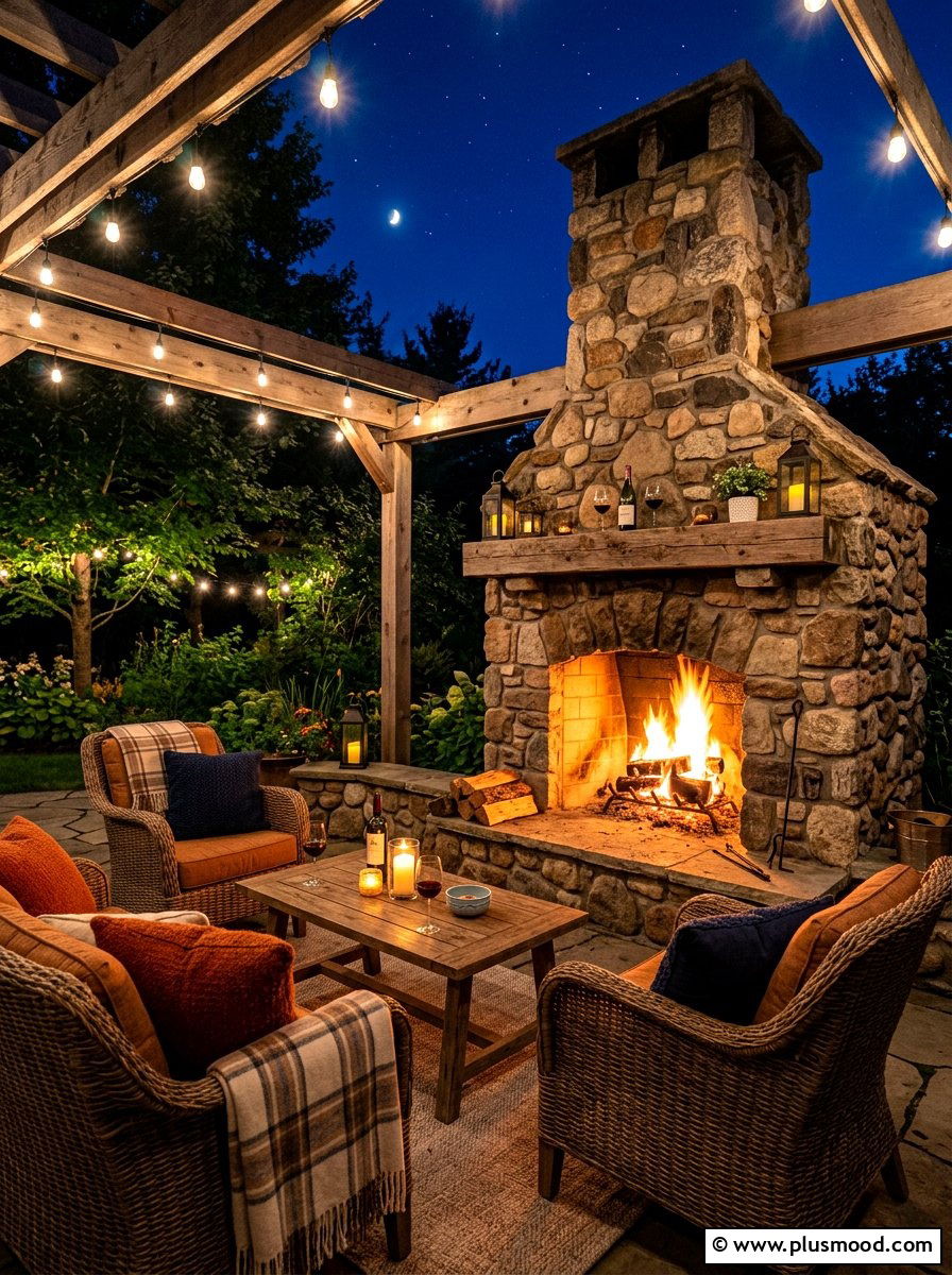 Rustic stone outdoor fireplace - 25 summer farmhouse outdoor entertaining ideas