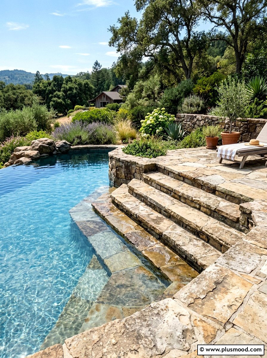 Rustic stone pool steps - 25 pool landscaping ideas for cottagecore theme