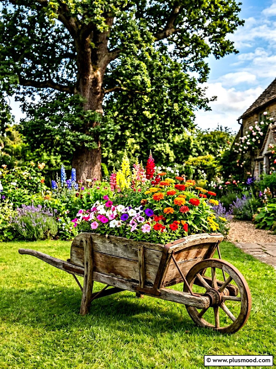 Rustic vintage wooden wheelbarrow display - 25 summer backyard planter ideas