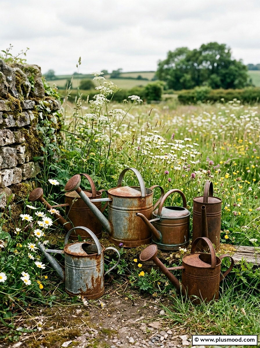 Rustic watering can display - 25 outdoor garden decor ideas with watering cans