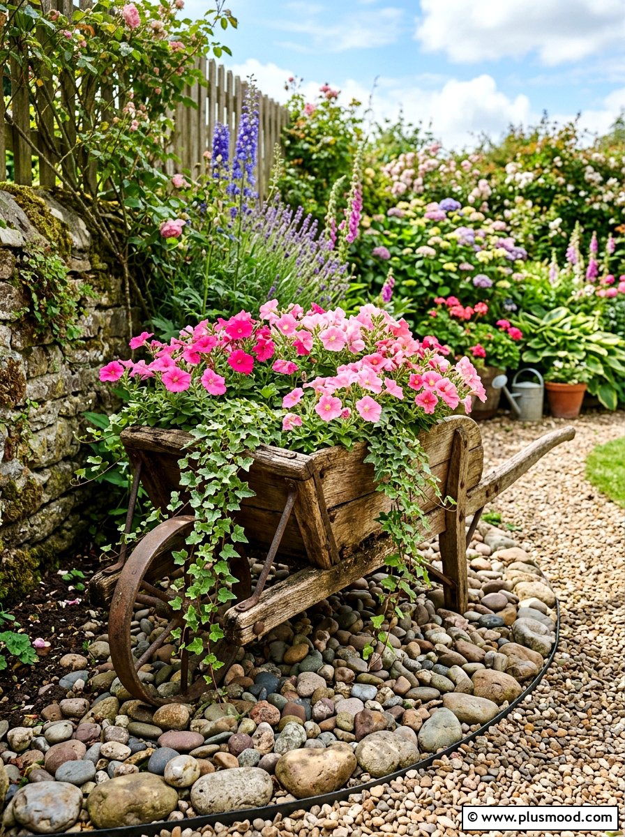 Rustic wheelbarrow display - 25 summer corner flower bed ideas