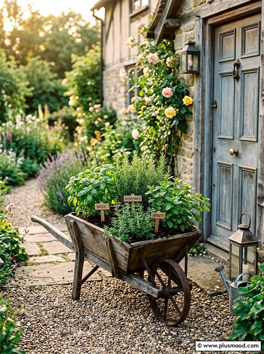 Rustic wheelbarrow herb garden - 25 outdoor garden decor ideas with wheelbarrow planter