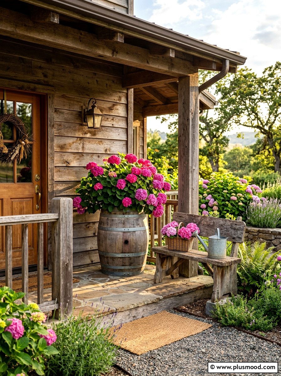 Rustic wood hydrangea porch decor - 25 summer front porch decor ideas with hydrangeas
