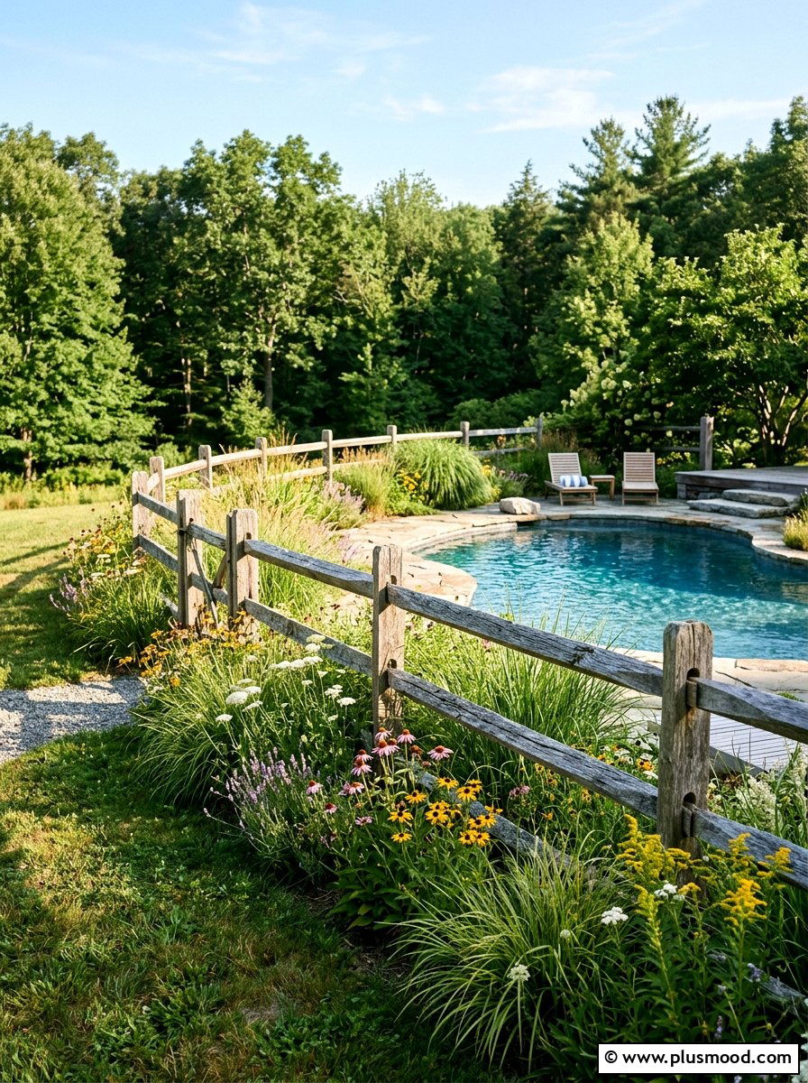 Rustic wood pool fence - 25 pool landscaping ideas for cottagecore theme