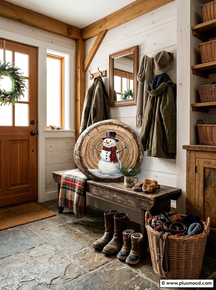 Rustic wood slice snowman stone - 25 painted rock ideas with snowman art