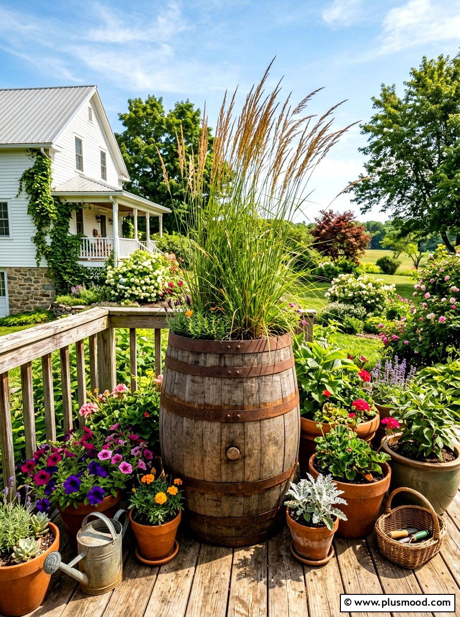Rustic wooden barrel planter - 25 summer rustic backyard ideas