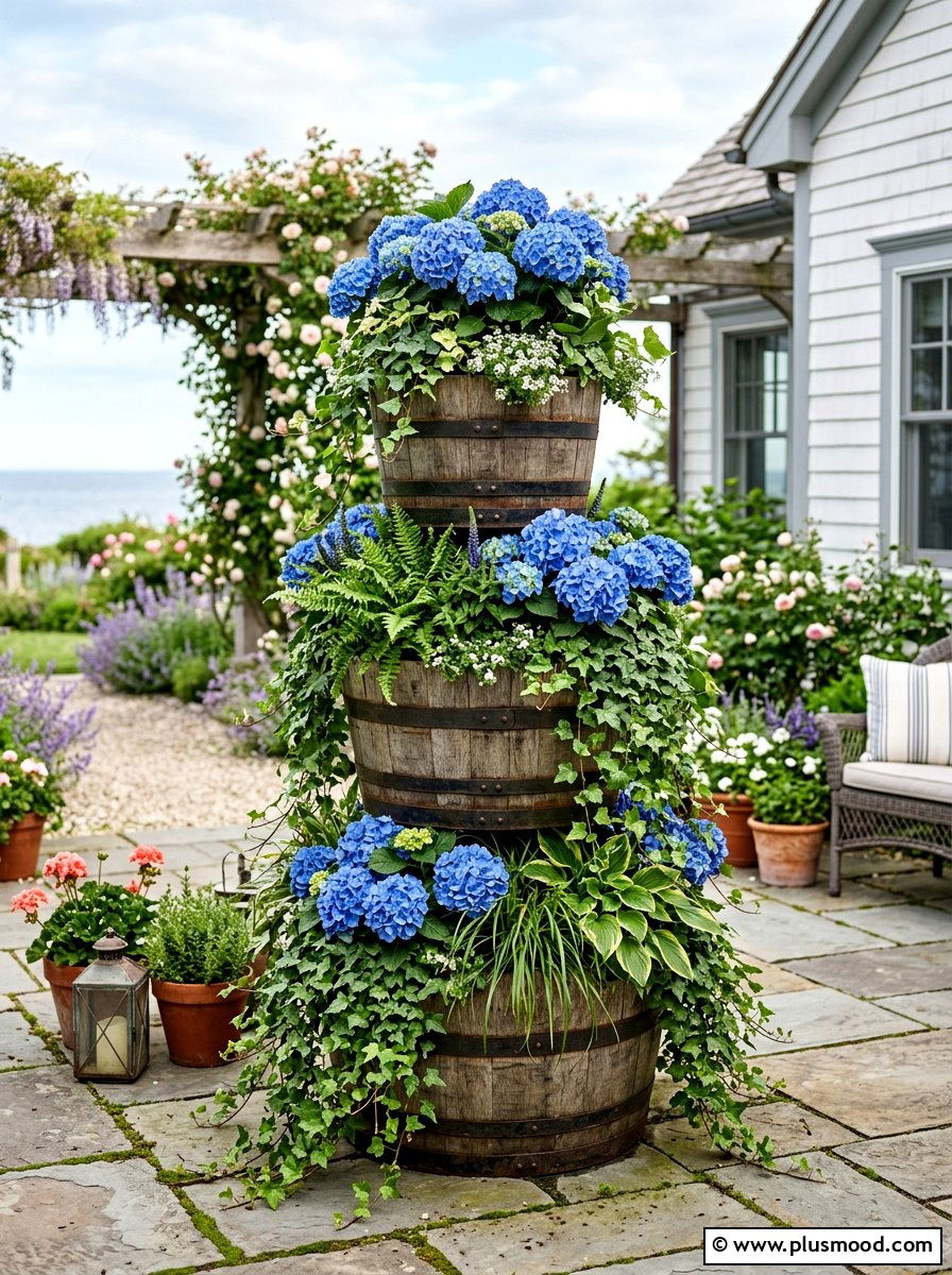 Rustic wooden barrel planter - 25 summer stacked planter ideas