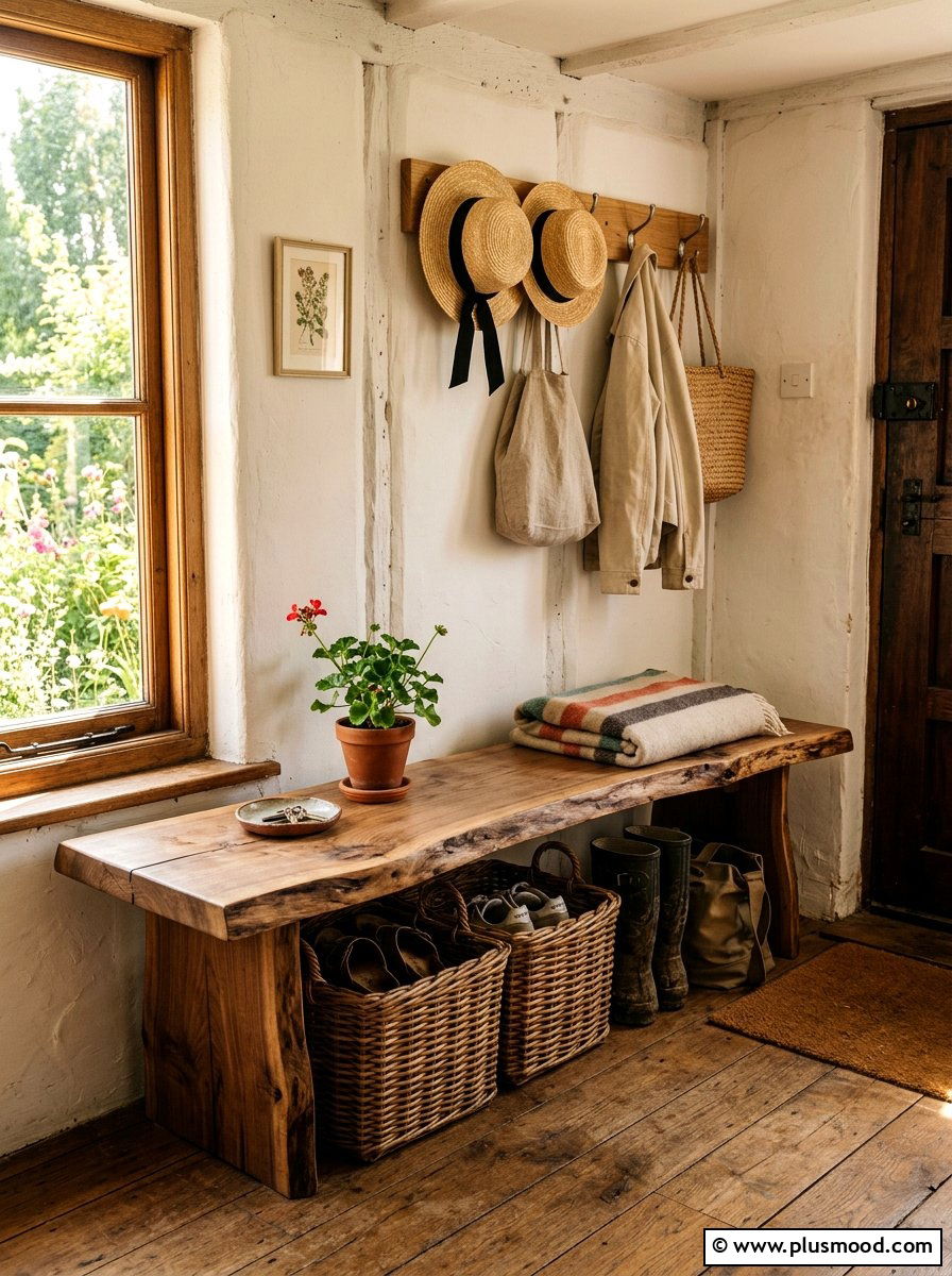 Rustic wooden bench entryway - 25 summer entryway decor ideas