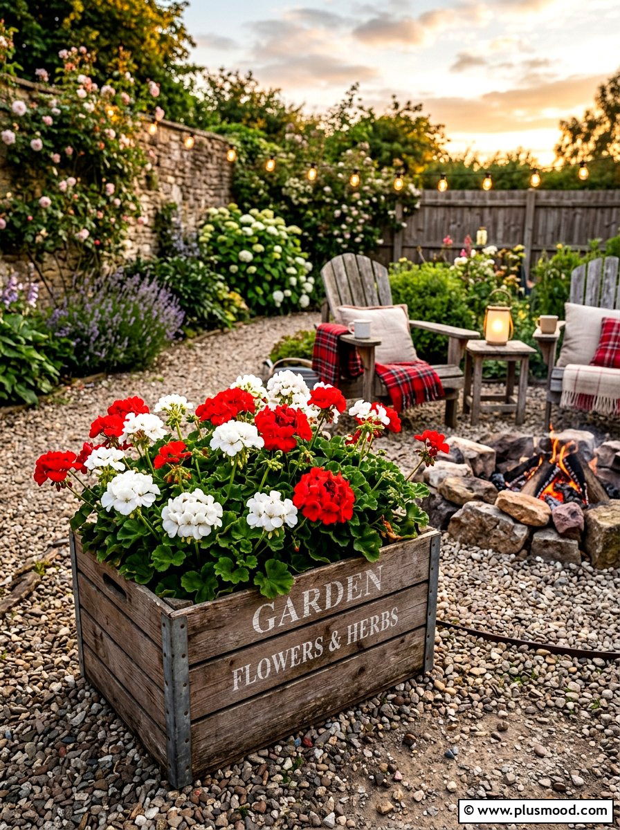 Rustic wooden crate geranium planters - 25 summer planters with geraniums ideas