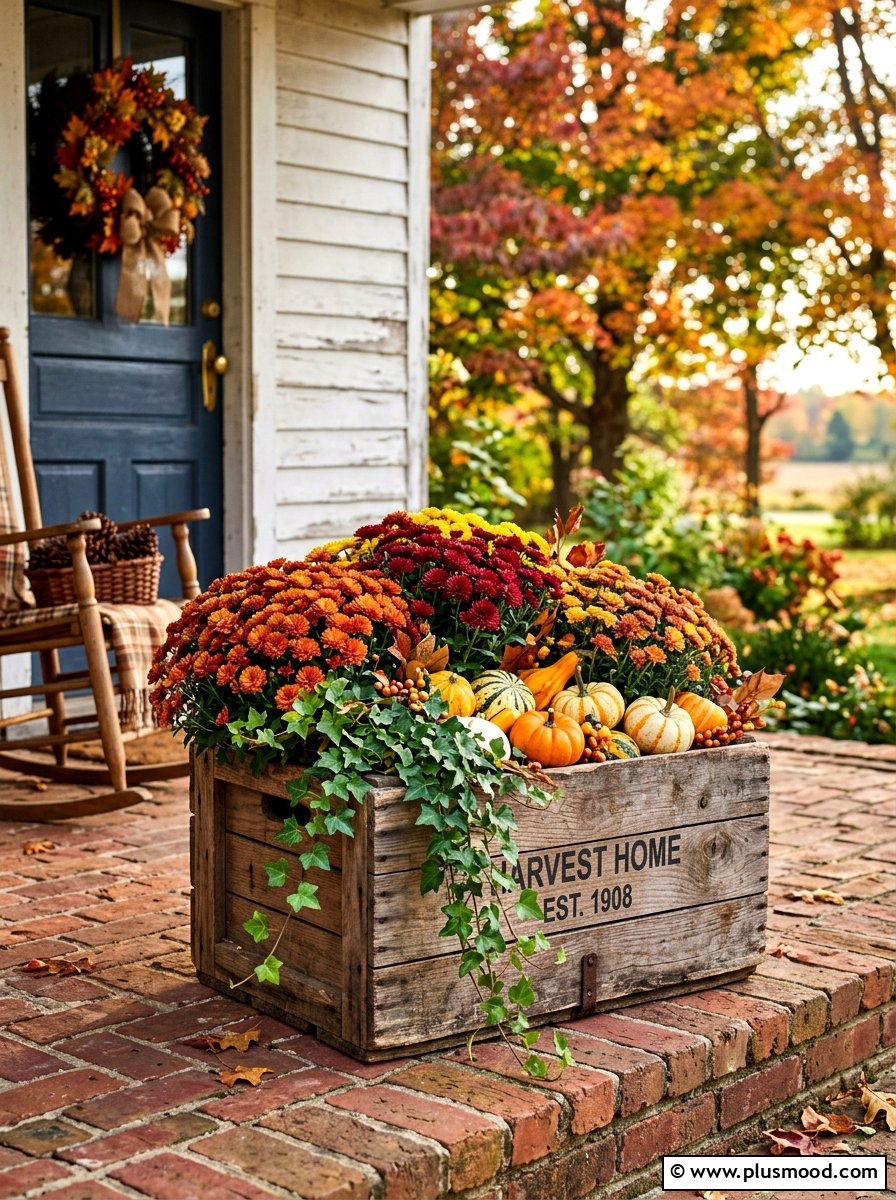 Rustic wooden crate - 25 summer to fall front porch planter ideas