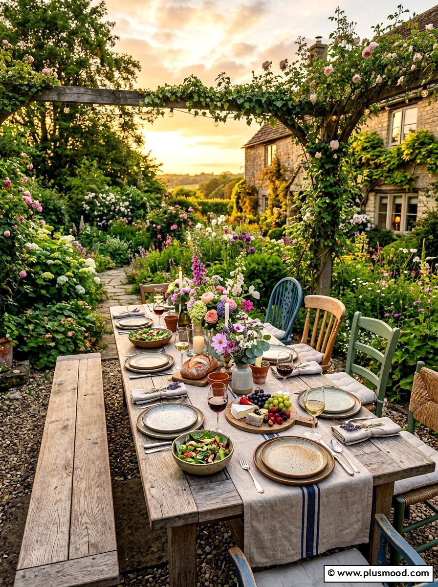 Rustic wooden dining table - 25 summer farmhouse outdoor entertaining ideas
