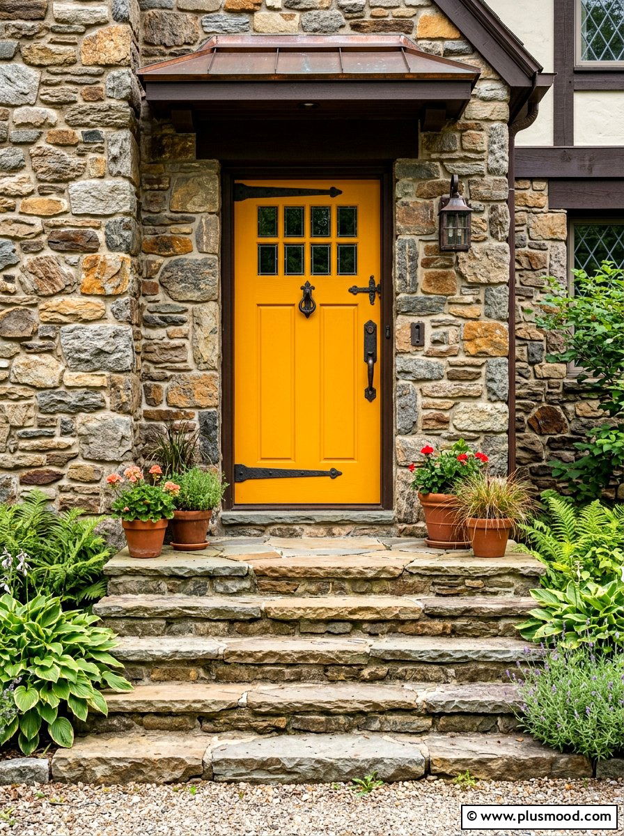 Saffron yellow front door stone siding - 25 summer yellow front door ideas