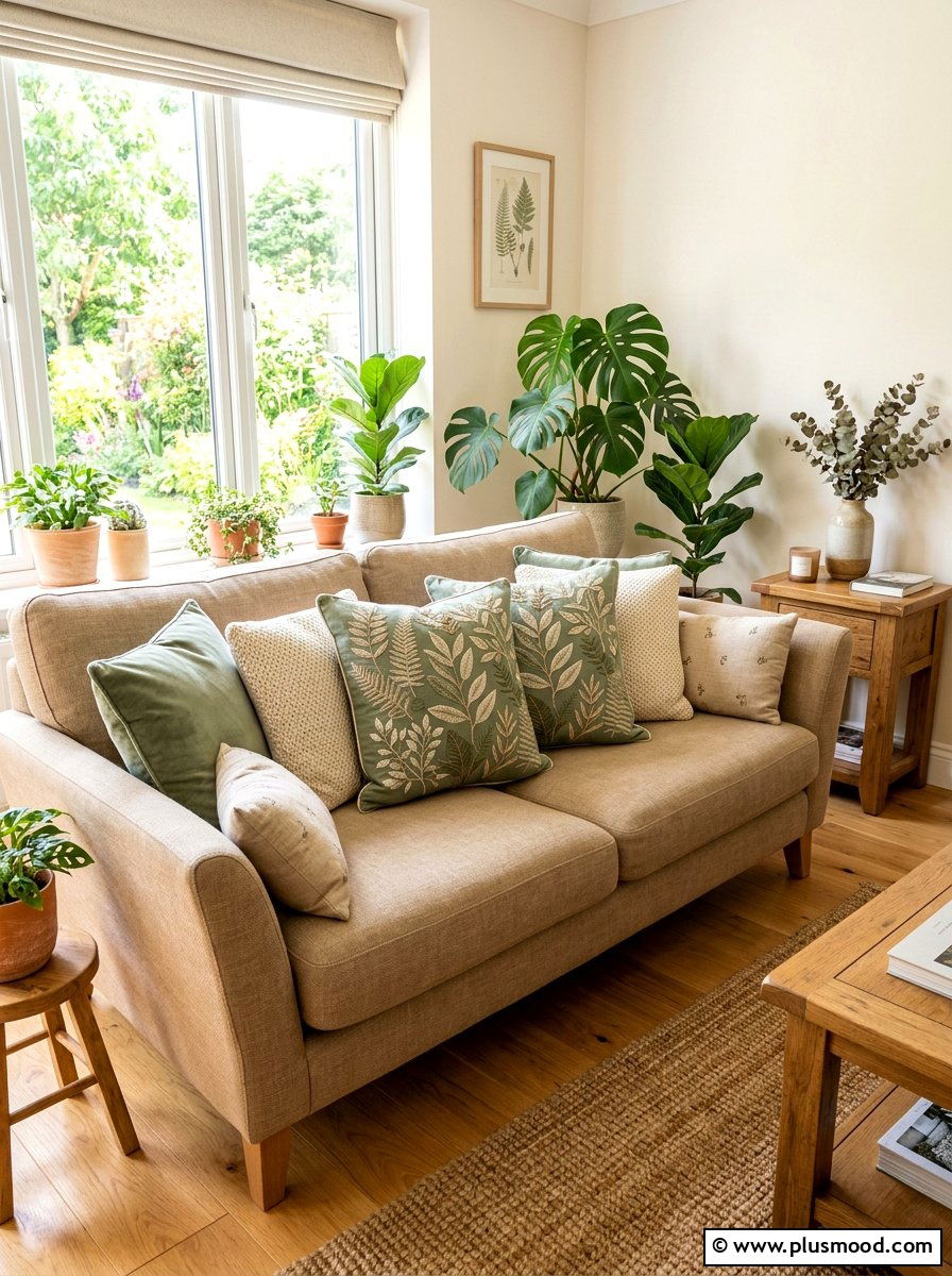 Sage green botanical cushion arrangement - 25 summer throw pillow ideas for living room