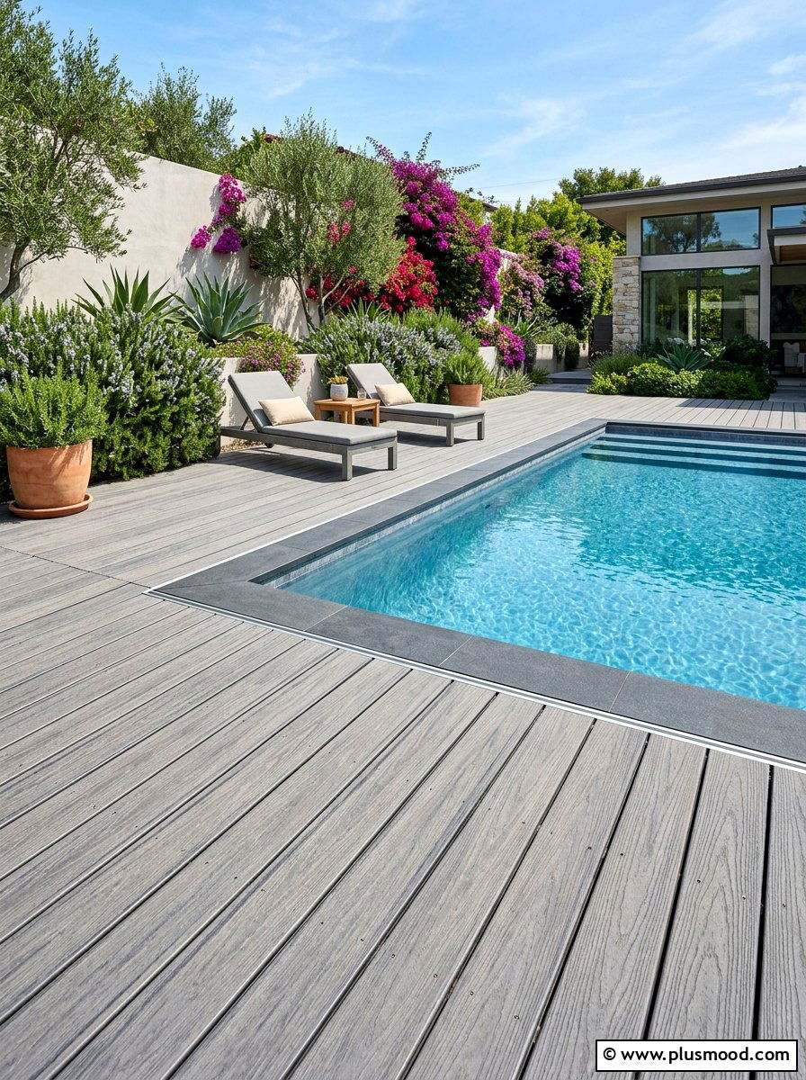 Saltwater pool with composite wood decking - 25 pool landscaping ideas with wooden deck