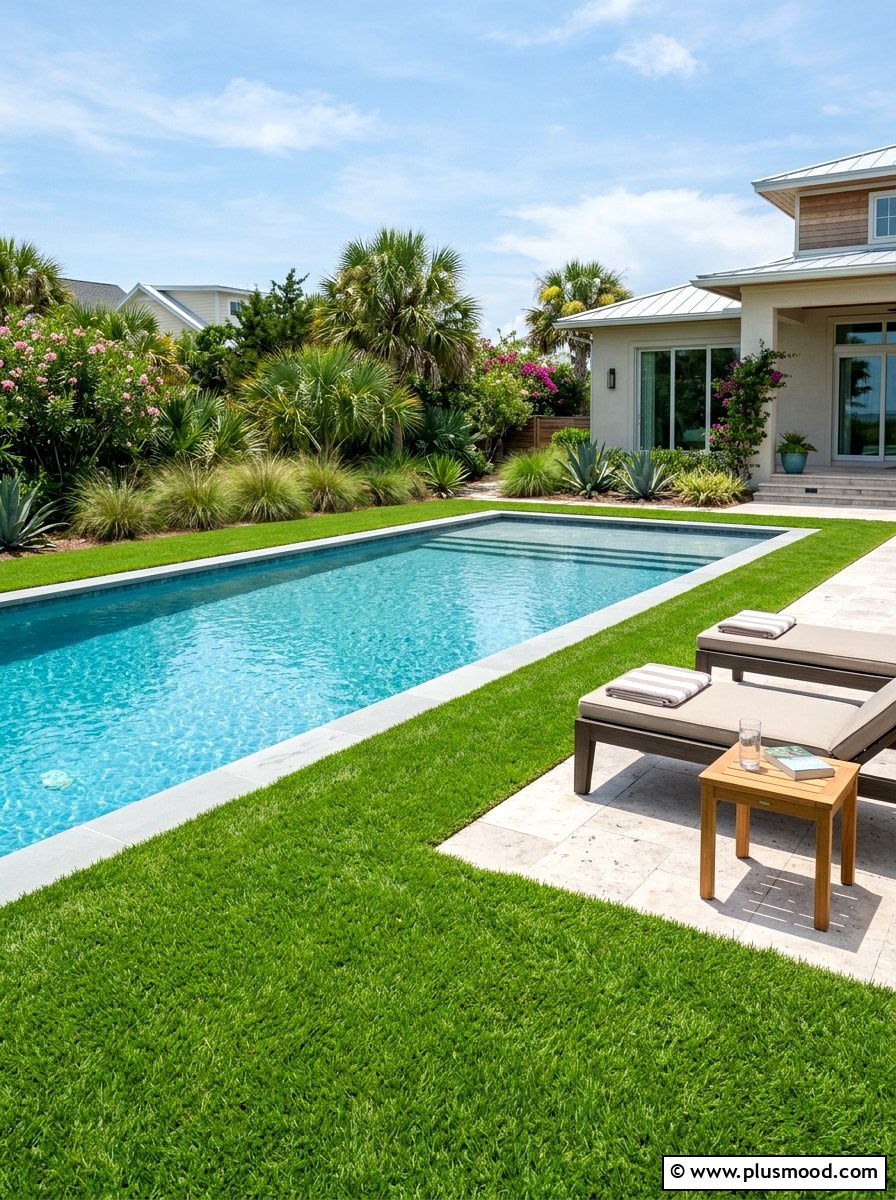 Saltwater pool with salt tolerant grass - 25 pool landscaping ideas with grass
