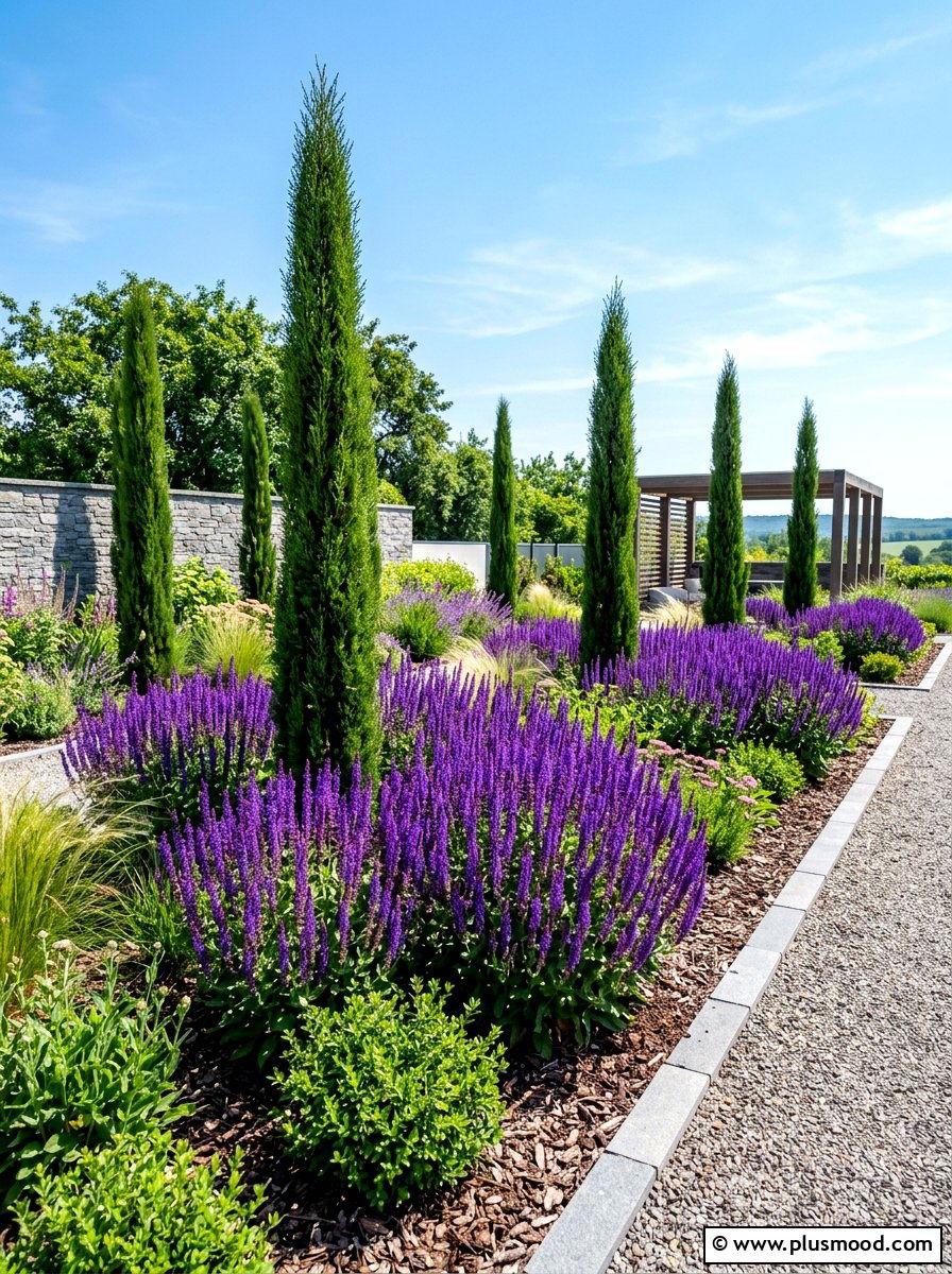 Salvia and cypress bed - 25 summer evergreen and flower mix ideas