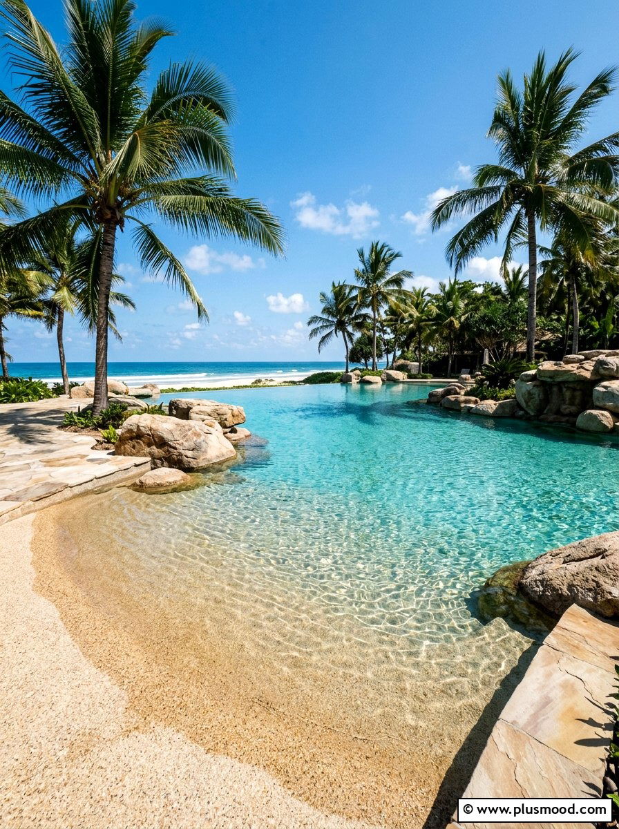 Sand Beach Entry Pool - 25 pool landscaping ideas with tropical theme