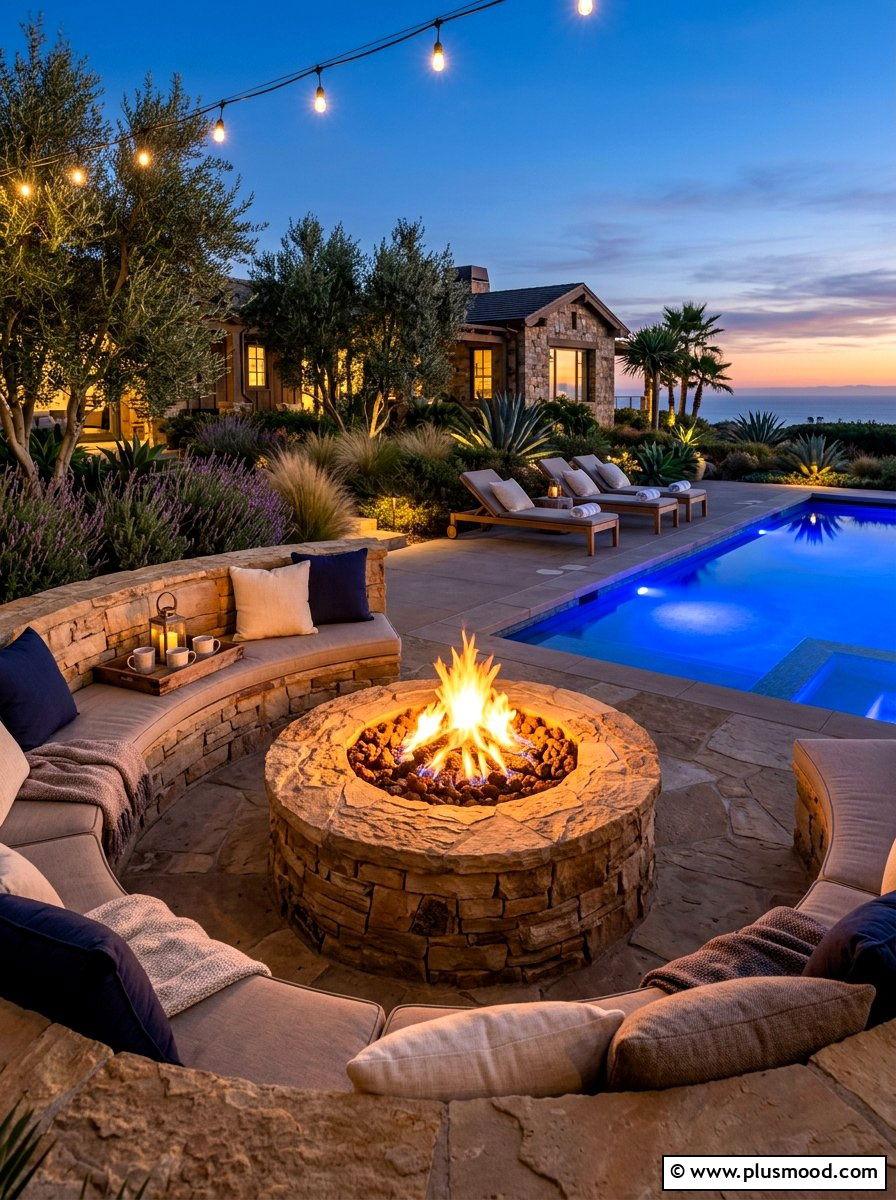 Sandstone fire pit pool area - 25 pool landscaping ideas with sandstone