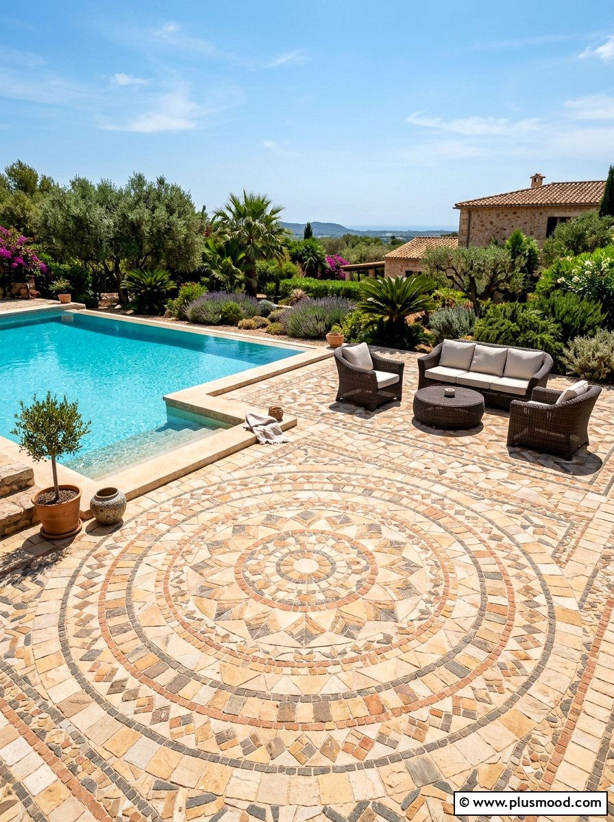 Sandstone mosaic pool deck - 25 pool landscaping ideas with sandstone