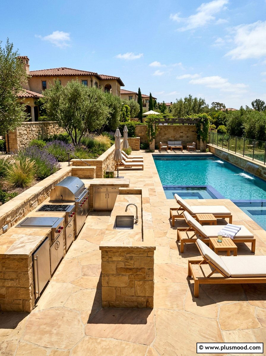 Sandstone outdoor kitchen pool patio - 25 pool landscaping ideas with sandstone