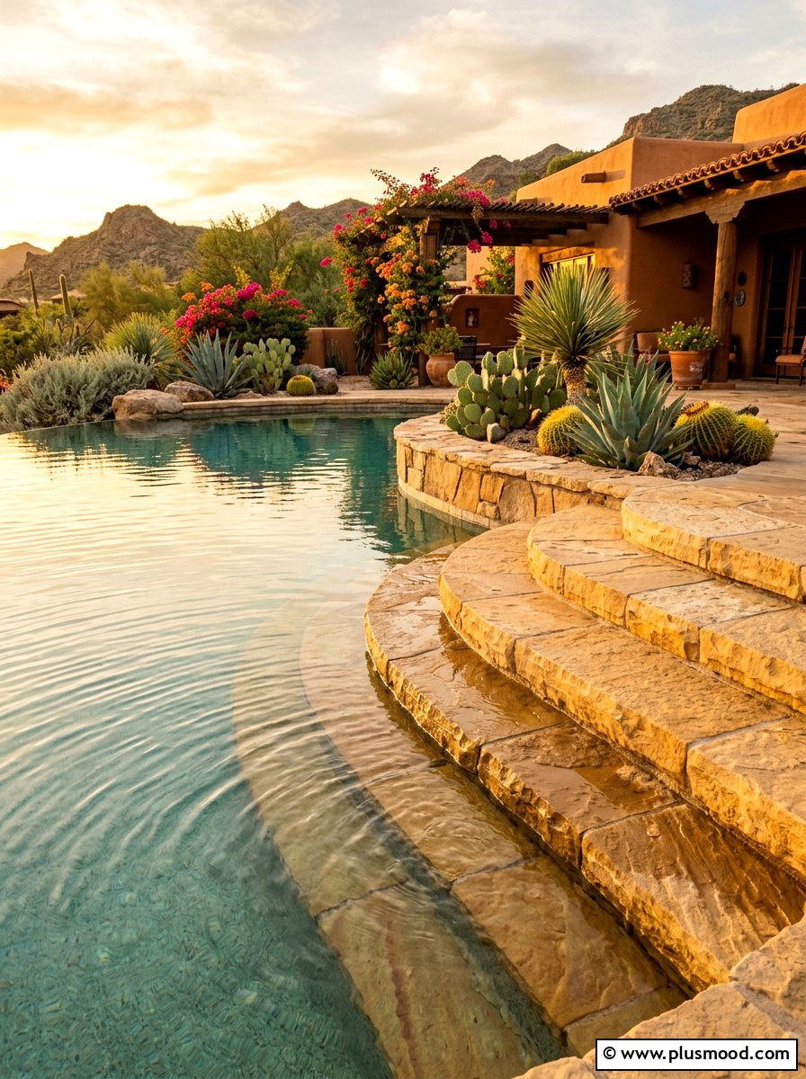 Sandstone pool steps - 25 pool landscaping ideas with natural stone