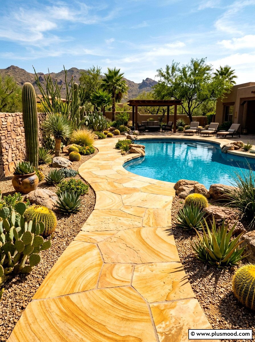 Sandstone pool walk - 25 pool landscaping ideas with stepping stones