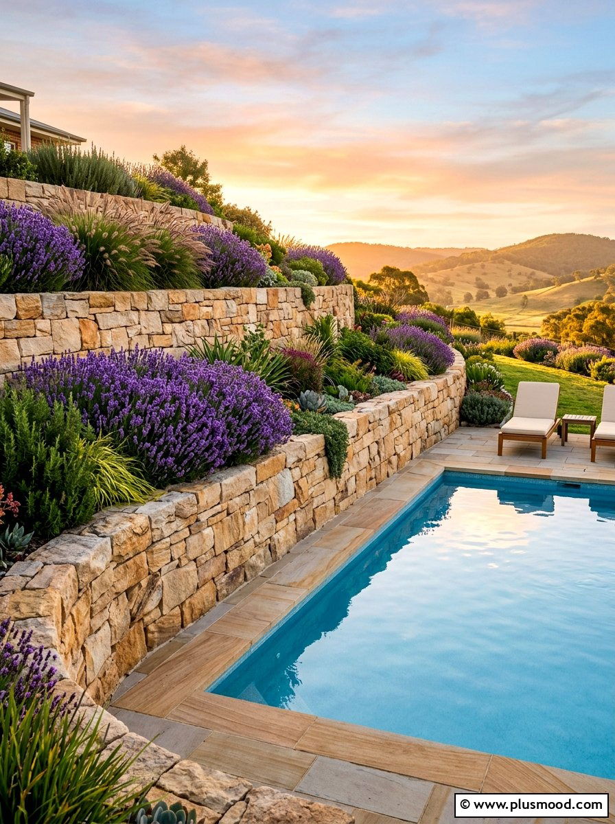 Sandstone retaining wall pool garden - 25 pool landscaping ideas with sandstone