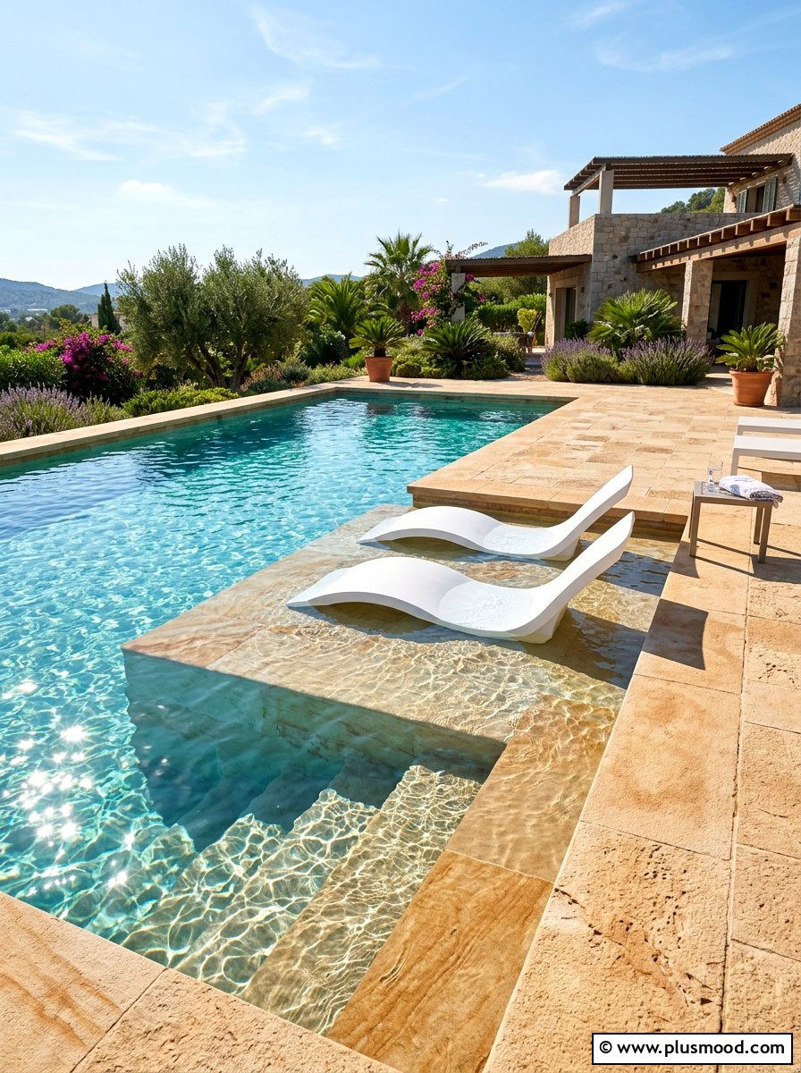 Sandstone sun shelf pool - 25 pool landscaping ideas with sandstone