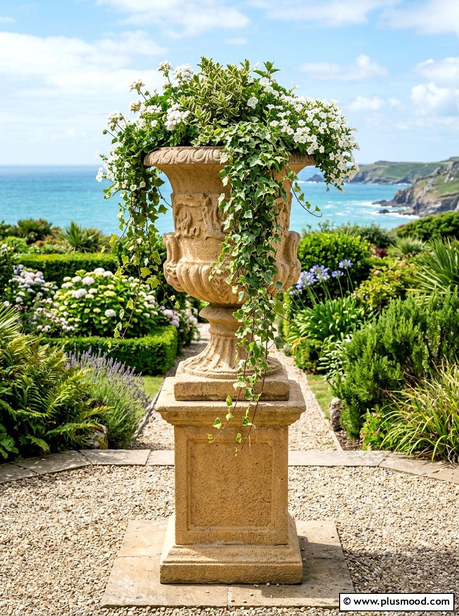 Sandy textured stone urn - 25 summer coastal planter ideas