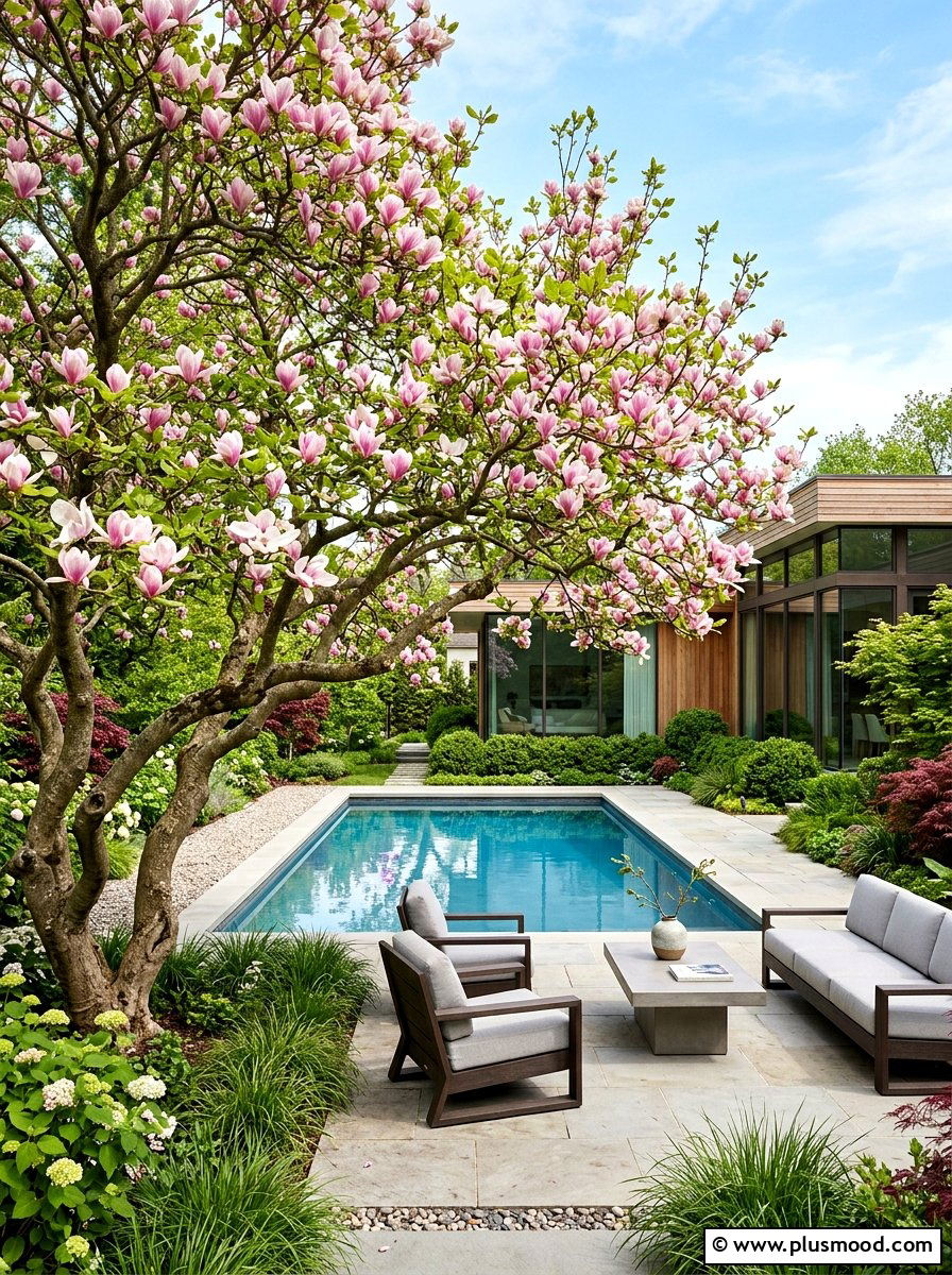 Saucer Magnolia Pool Patio - 25 pool landscaping ideas with shade trees