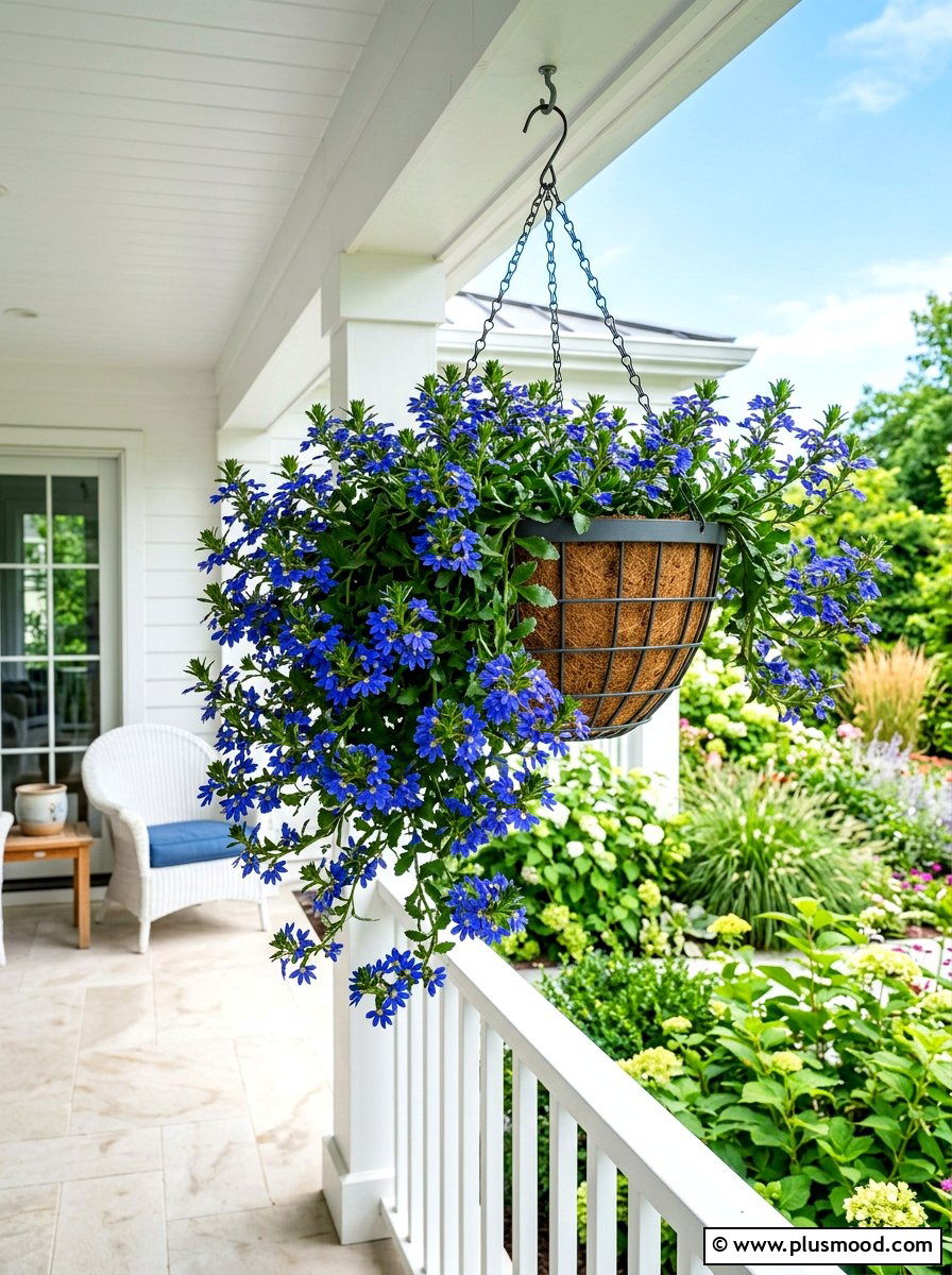 Scaevola fan flower porch basket - 25 summer front porch decor ideas with hanging baskets