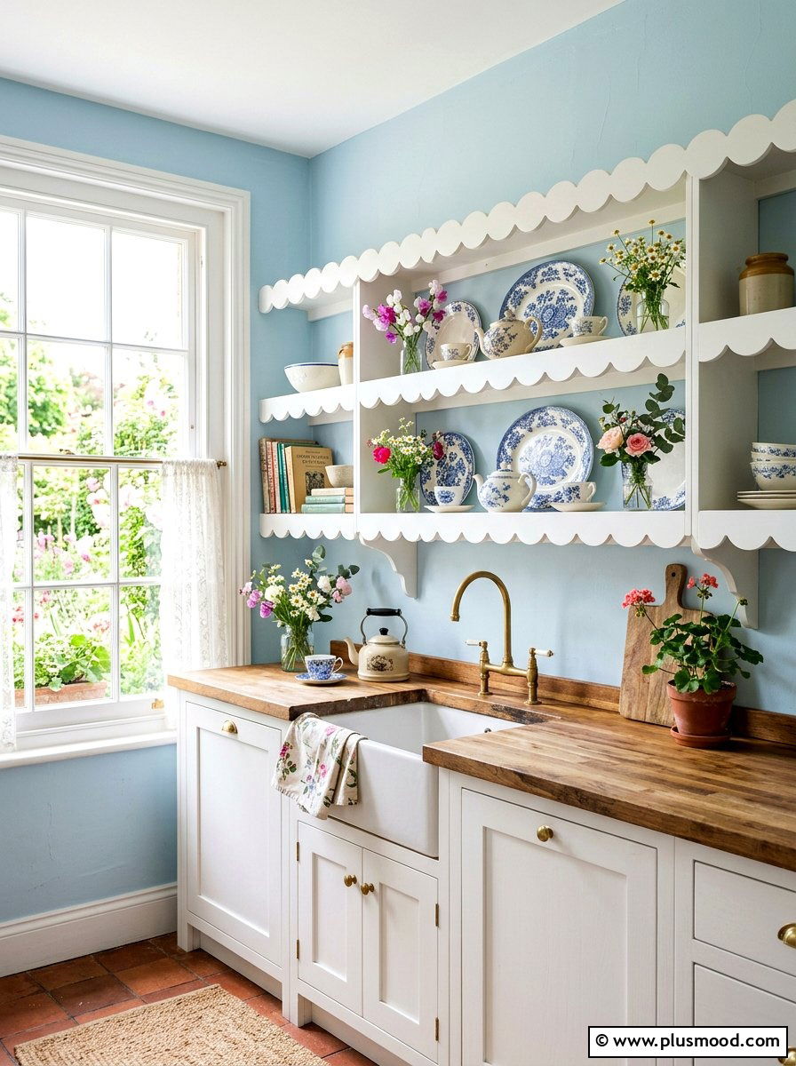 Scalloped Edge Shelves - 25 summer kitchen shelf decor ideas
