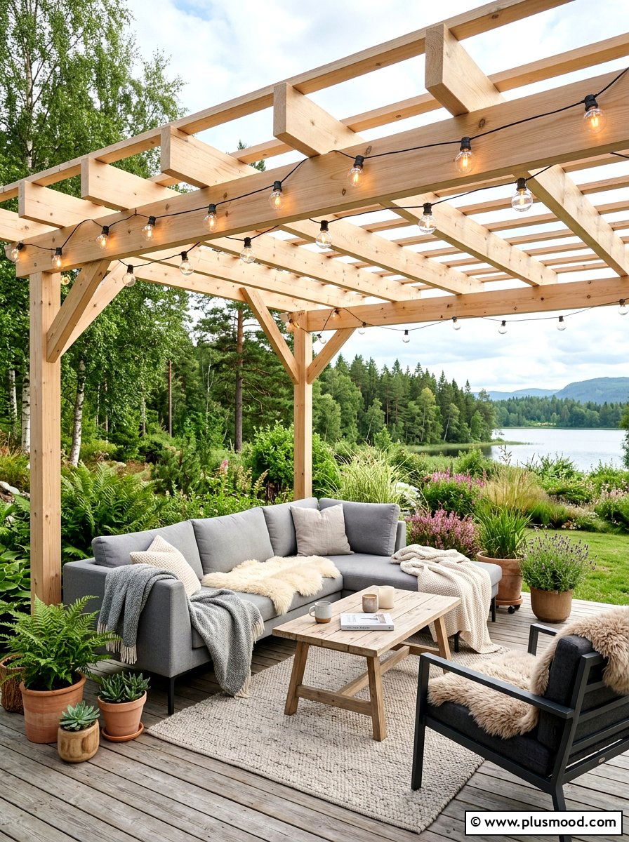 Scandinavian Outdoor Lounge Bulbs - 25 small backyard ideas with pergola lights