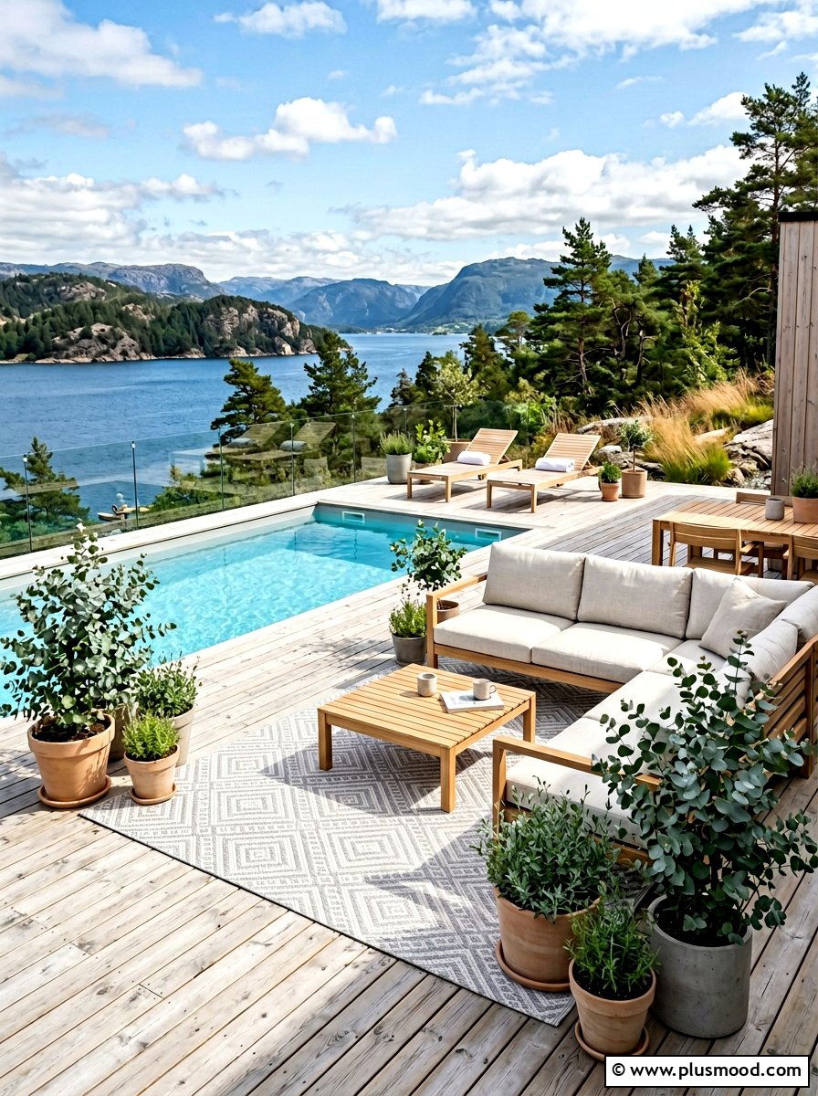 Scandinavian Outdoor Pool Lounge - 25 pool landscaping ideas with outdoor rug