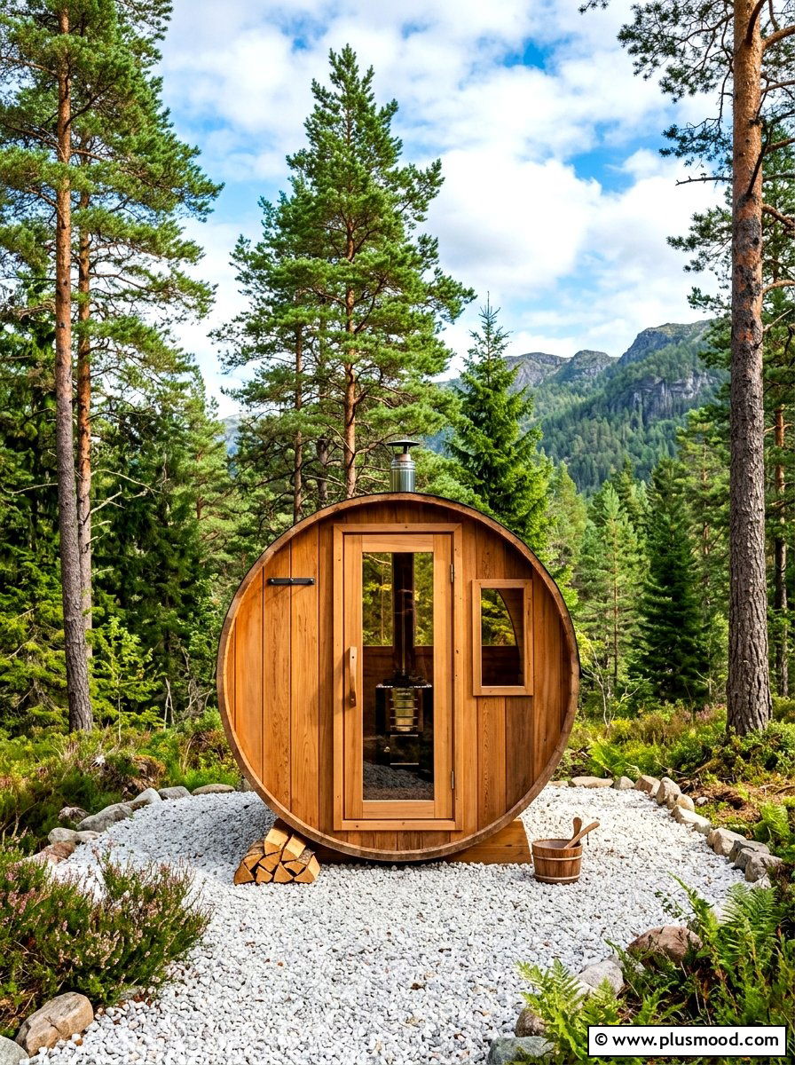 Scandinavian Style Barrel Sauna - 25 summer backyard retreat ideas