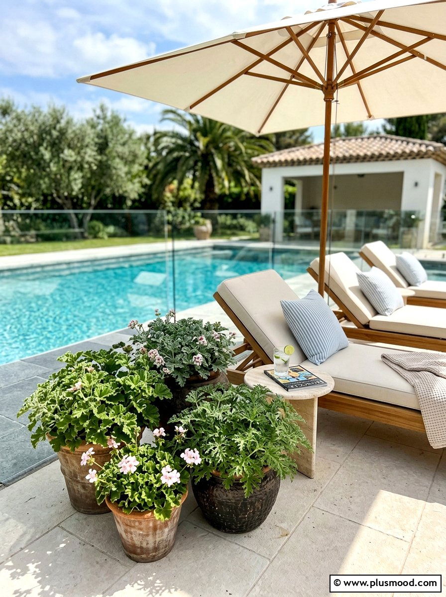 Scented Geranium Pool Container - 25 pool landscaping ideas with herbs