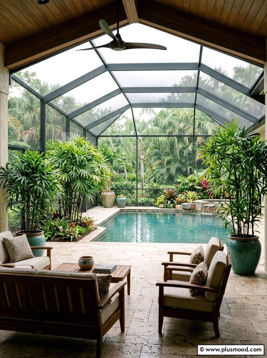 Screened in pool with lady palms - 25 pool landscaping ideas with palm trees