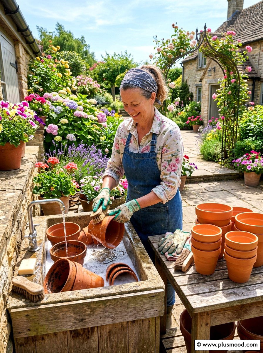 Scrubbing Plant Pots - 25 end of summer garden cleanup ideas