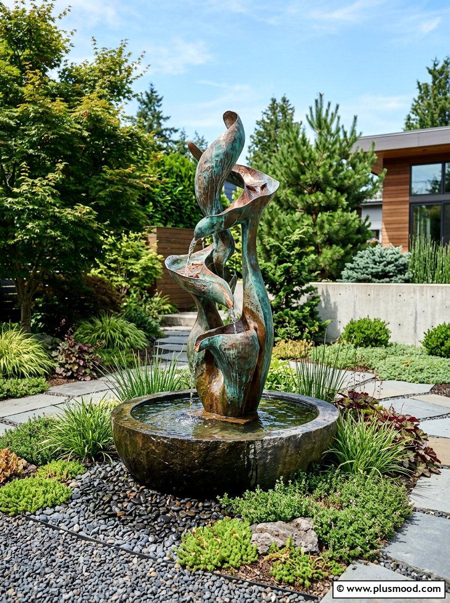 Sculptural Metal Fountain Landscape - 25 small backyard ideas with fountain