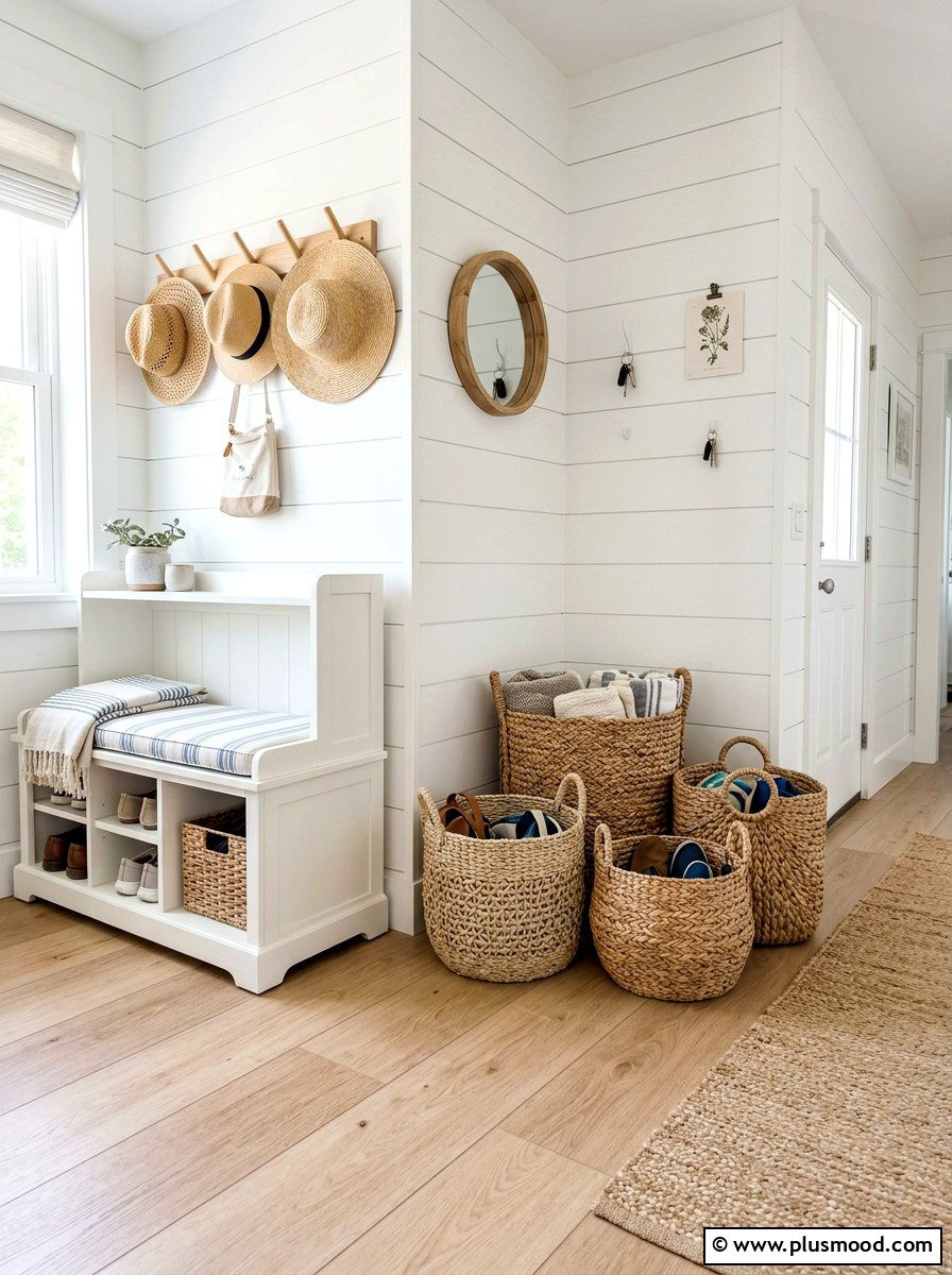 Seagrass Storage Corner - 25 summer beach house decor ideas