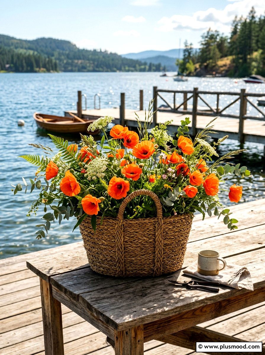 Seagrass basket floral display - 25 summer outdoor centerpiece ideas