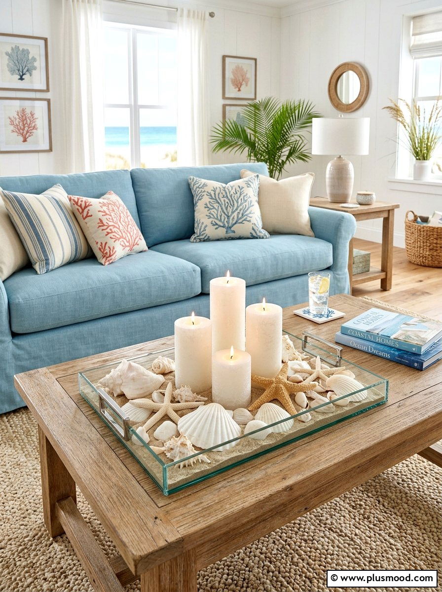 Seashell Candle Glass Tray - 25 summer centerpieces for home ideas