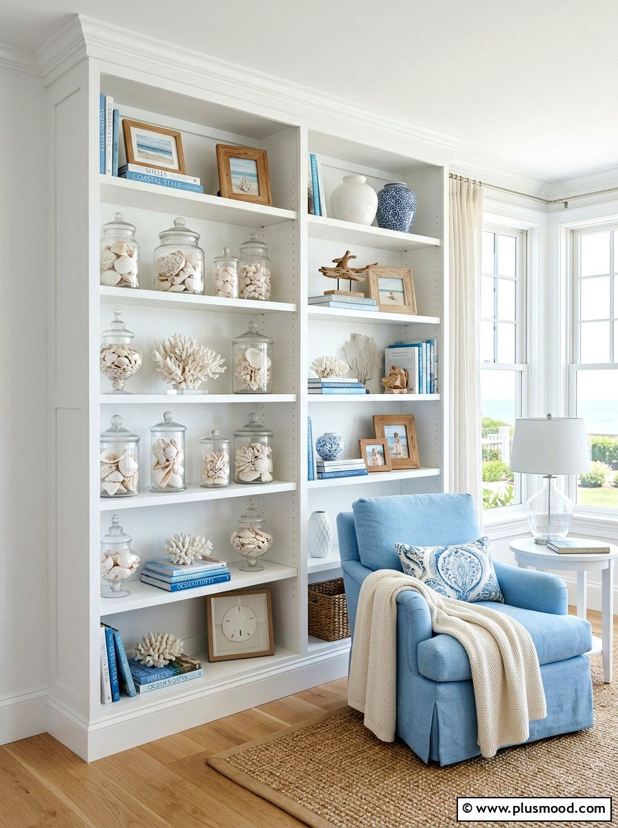 Seashell Display - 25 coastal summer living room ideas