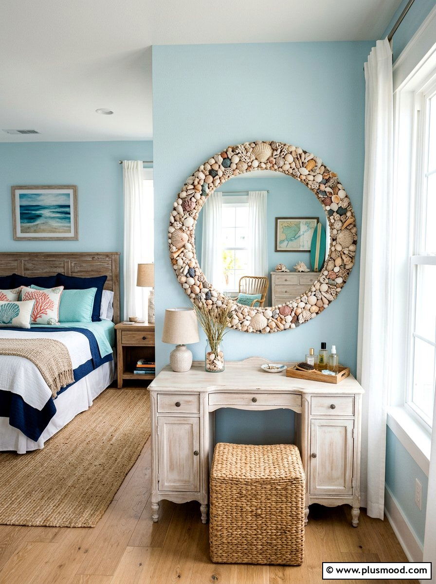 Seashell Mirror Frame - 25 summer beachy bedroom ideas