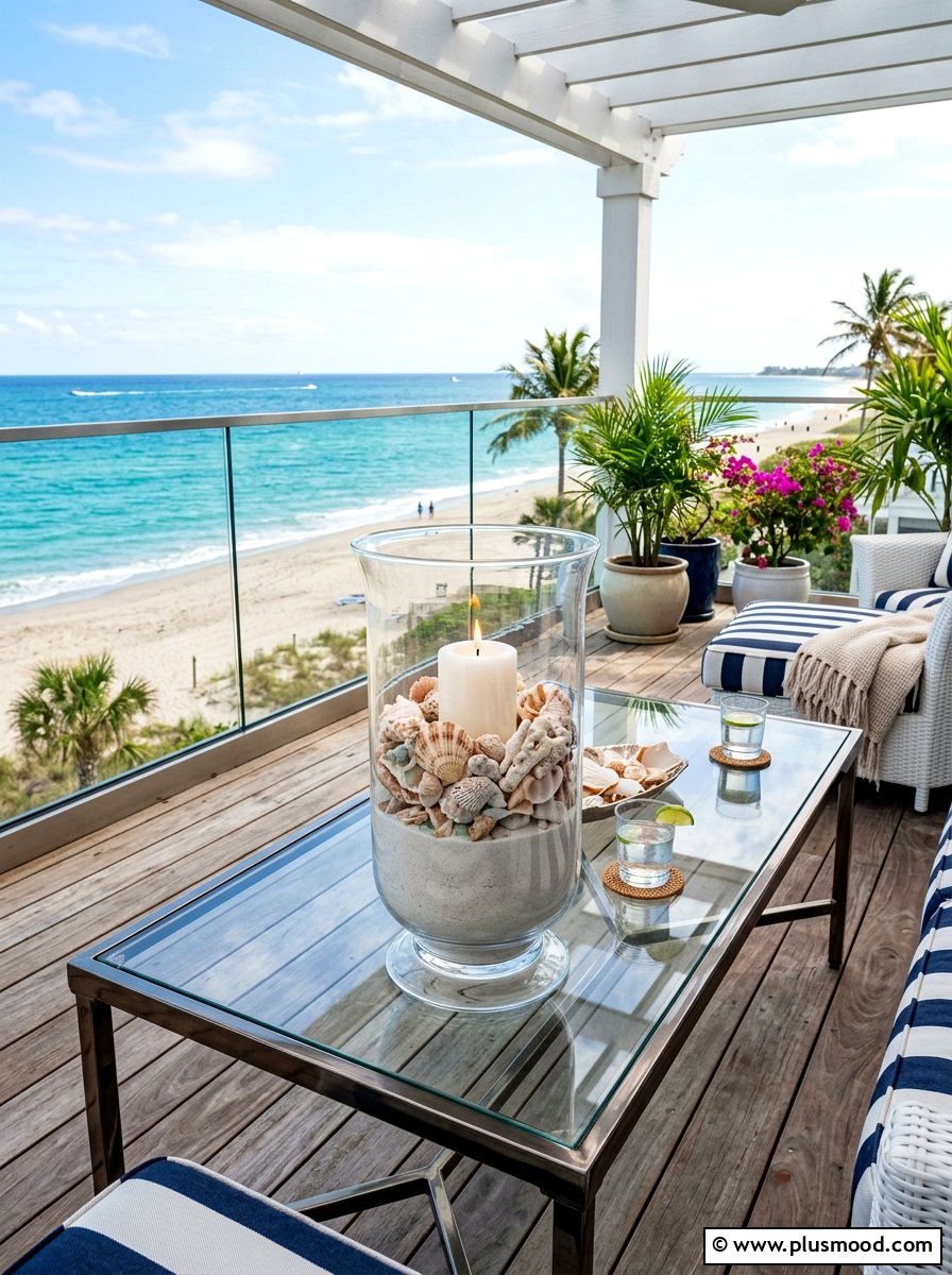 Seashell and sand hurricane glass - 25 summer patio centerpiece ideas