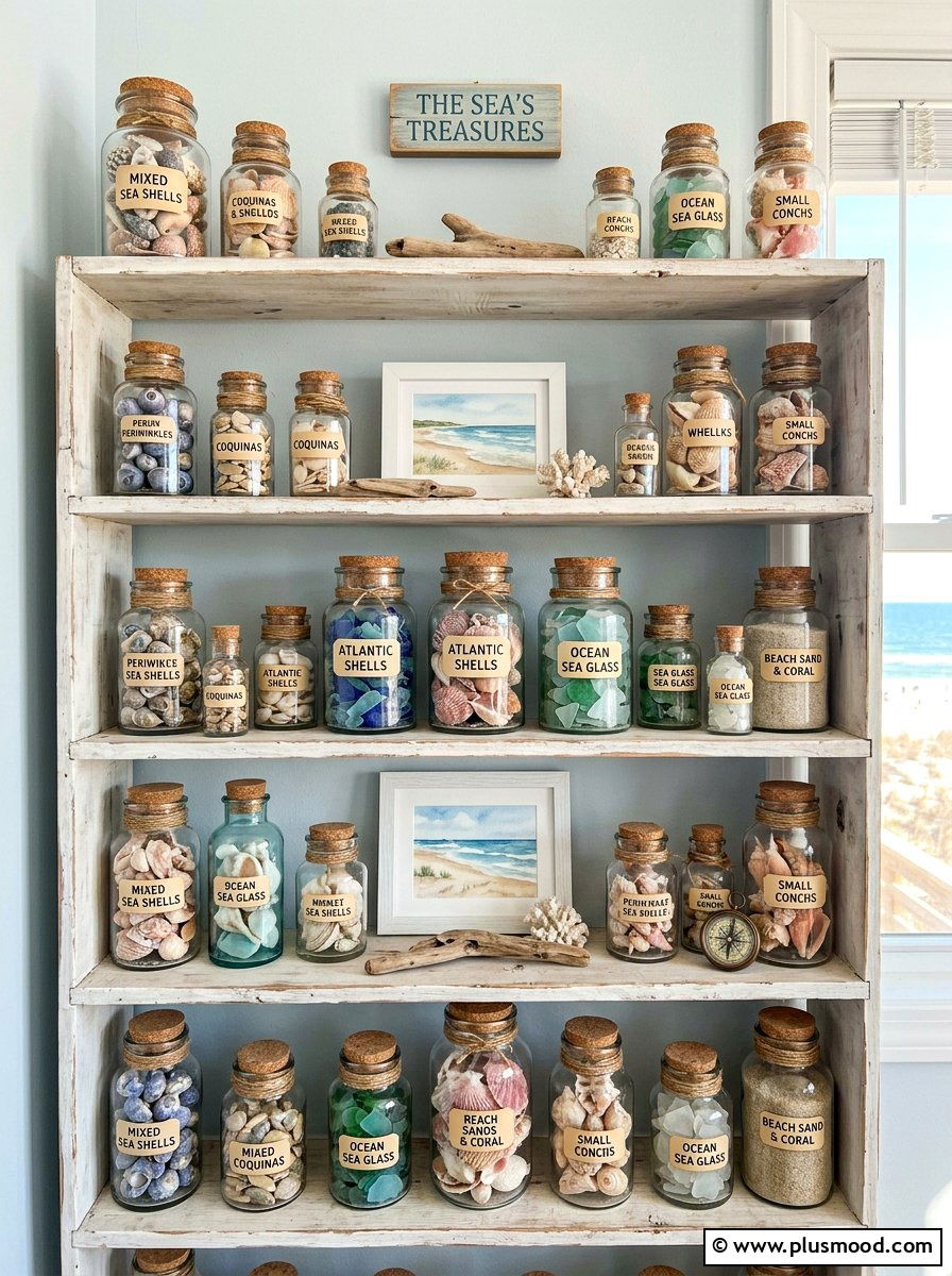 Seashell collection jars - 25 summer shelf decor ideas