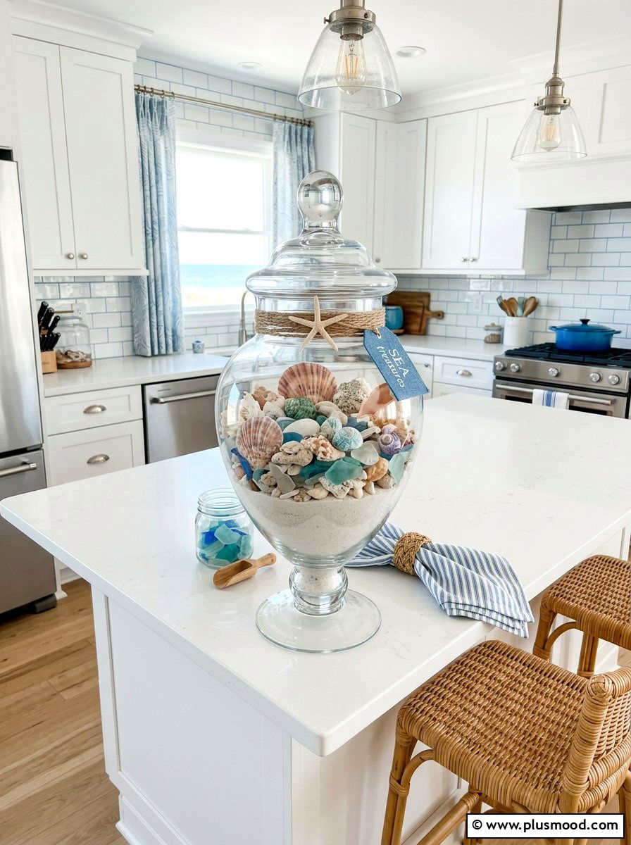 Seashell filled glass jar - 25 summer kitchen centerpiece ideas