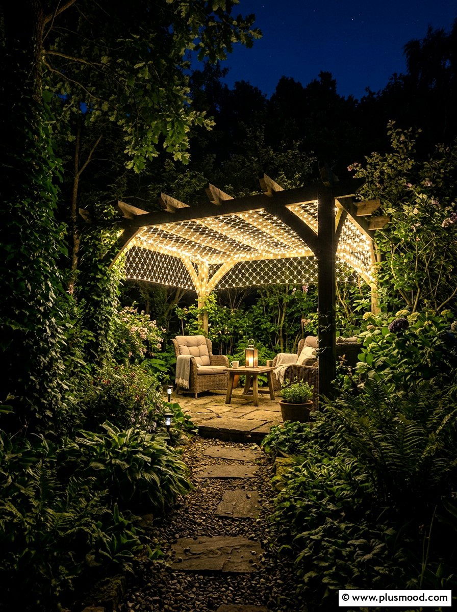 Secret Garden Net Lighting Pergola - 25 small backyard ideas with pergola lights