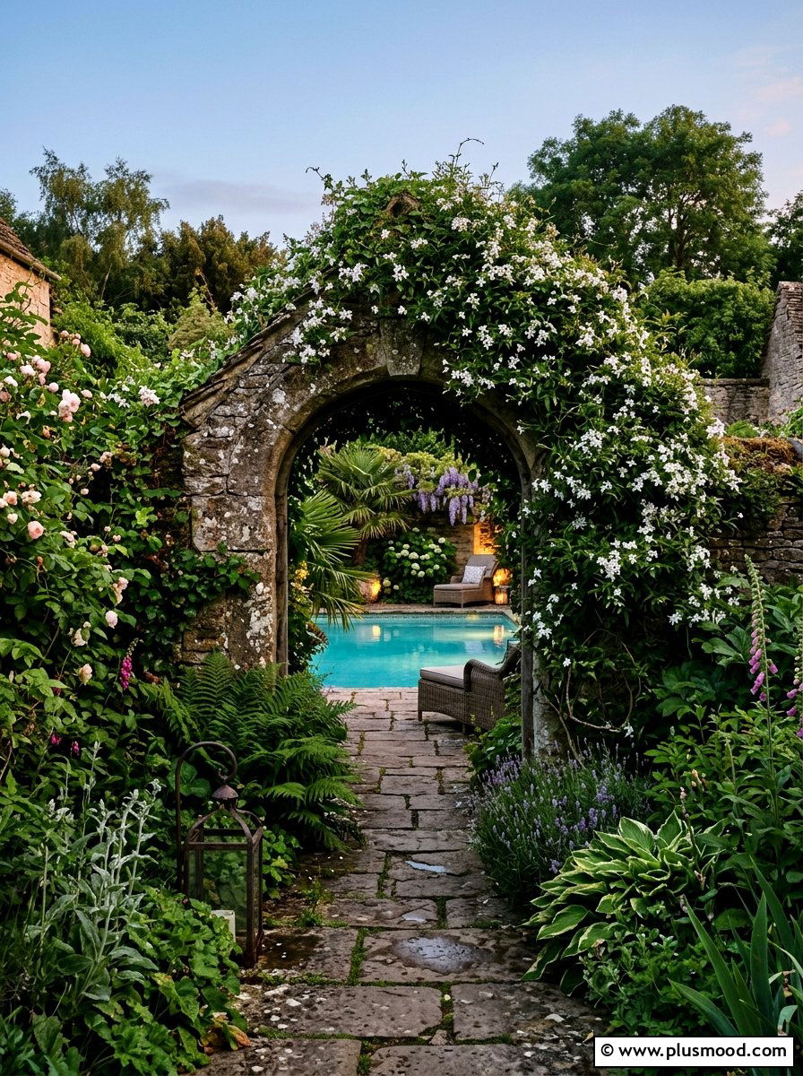Secret garden pool entrance - 25 pool landscaping ideas for cottagecore theme