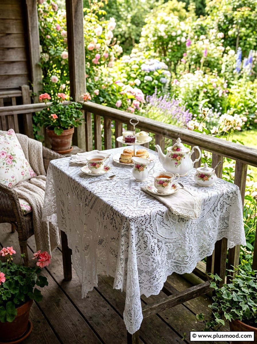 Shabby chic lace tablecloth - 25 summer porch table decor ideas